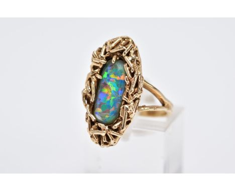 A MODERNIST STYLE OPAL TRIPLET RING, head measuring approximately 25.0mm x 15.0mm, ring size K½, approximate gross weight 7.4