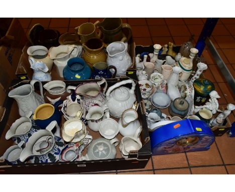 THREE BOXES AND LOOSE VICTORIAN AND LATER CERAMICS, JUGS including a graduated set of three of Victorian stoneware dodecagan 