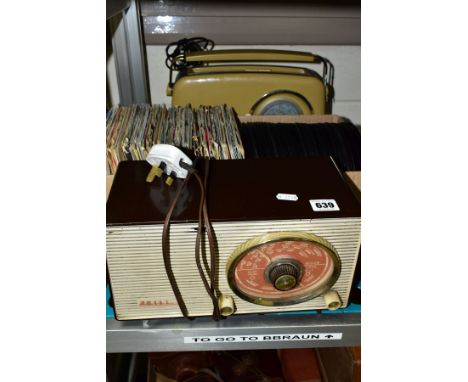 TWO VINTAGE RADIOS AND A BOX OF SINGLES RECORDS, comprising a Philips brown and cream bakelite cased MK40277, a Bush 'Antique