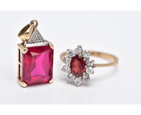 A 9CT GOLD GARNET CLUSTER RING AND A 9CT GOLD PENDANT, the cluster ring set with a central claw set, oval cut garnet within a