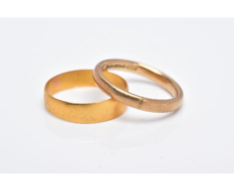 TWO GOLD WEDDING BANDS, the first a 22ct gold wide band of a plain polished design, approximate width 5.0mm, hallmarked 22ct 