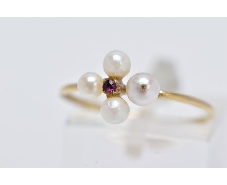 A 9CT GOLD RUBY AND PEARL RING, set with a central circular cut ruby within a four cultured pearl surround, 9ct gold London i