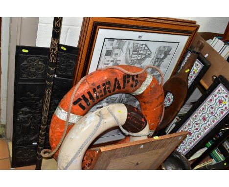 SUNDRY ITEMS, comprising a pair of cast iron fire surround insets depicting male and female figures, framed fire surround til