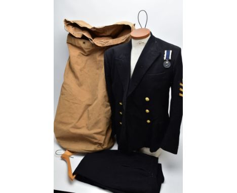 A ROYAL NAVY DRESS UNIFORM JACKET AND TROUSERS, with Rank &amp; Crown patch to left sleeve and AL trade patch to right and a 