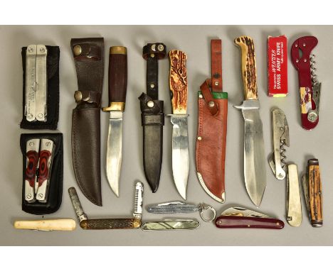 A QUANTITY OF KNIVES AND TOOLS comprising of a multi function pocket tool in nylon sheath - appears unused, an unnamed sheath