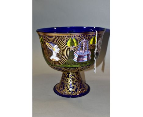 A 20TH CENTURY MURANO COPY OF A BAROVIER MARRIAGE CUP, blue glass pedestal bowl form, enamelled and gilt, the body depicting 