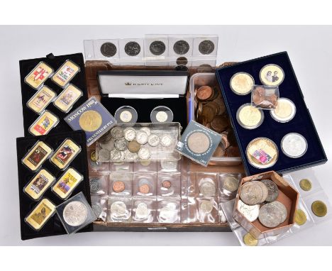 A BOX OF MAINLY UK COINAGE to include a cased pair of one pound coins, the last round one pound 2016 and the new 2016 round c