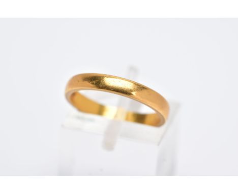 A 22CT GOLD WEDDING BAND, of a plain polished design, approximate width 3.0mm, hallmarked 22ct gold Birmingham, ring size L½,