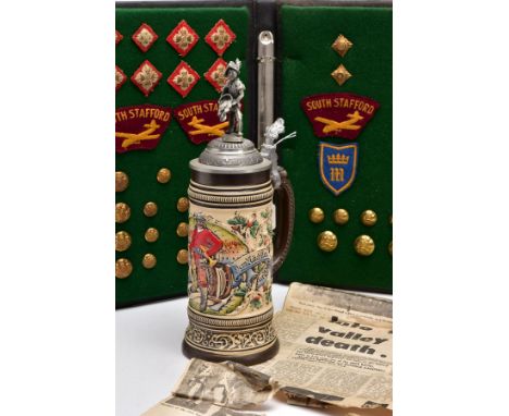 A LARGE METAL AND POTTERY GERMAN BEER STEIN marked limited edition 269 of 5000, by Armin Bay West Germany titled 'Der Feuerwe