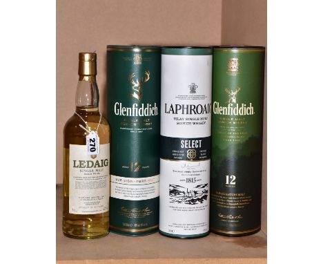SINGLE MALT,four bottles comprising one bottle of Ledaig Single Malt Scotch Whisky 42% vol 70cl. fill level low neck unboxed,