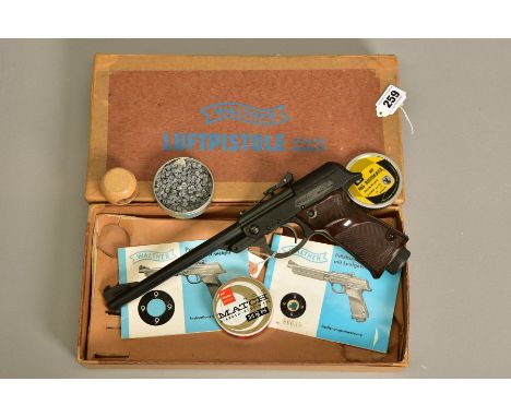 A .177'' WALTHER MODEL LP53 AIR PISTOL in its original carton whose edges have been reinforced with gummed tape, it bears the