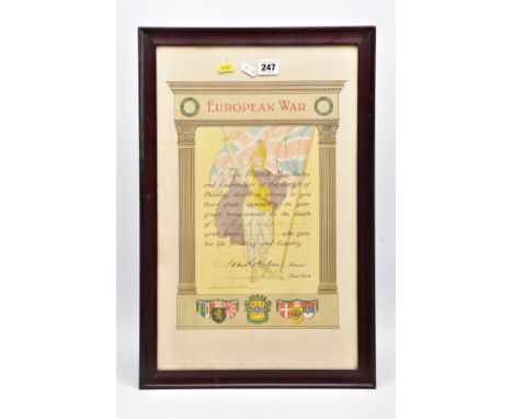 A LARGE 56CM X 36CM GLAZED FRAME CONTAINING A PERIOD PRINTED MEMORIAL SCROLL TYPE DOCUMENT, by the Povost Magistrates of the 