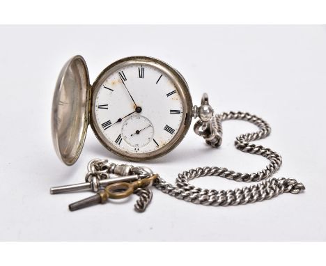 A WHITE METAL FULL HUNTER POCKET WATCH AND A SILVER ALBERT CHAIN, the watch designed with a round whit dial, Roman numerals, 