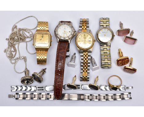 A BAG OF ASSORTED ITEMS, to include four gents wristwatches such as a 'Seiko' square gold dial signed 'Seiko, Quartz' alarm c