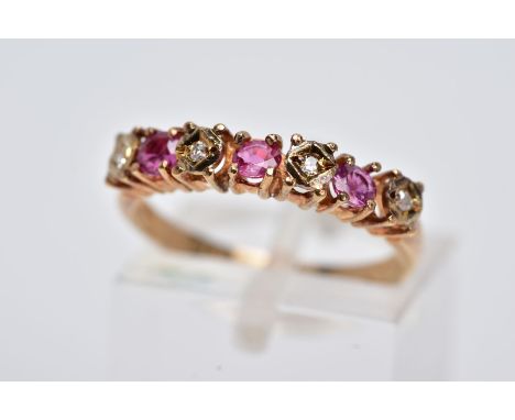 A 9CT GOLD RUBY ABND DIAMOND HALF ETERNITY RING, ring size M, hallmarked 9ct gold, London, approximate gross weight 2.1 grams