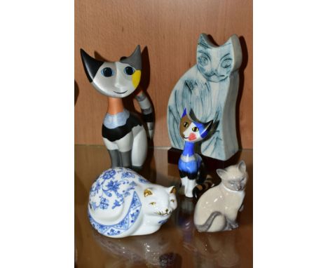 FIVE VARIOUS CAT ORNAMENTS, comprising Lladro seated cat, height 8cm, a Minton 'Shalimar' cat, two Goebel cats by Rosaina Wac