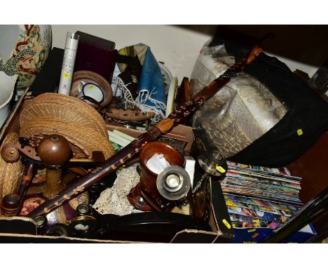 THREE BOXES AND LOOSE SUNDRY ITEMS, ETC, to include treen ebony candlesticks, lidded clock, dressing table set and two clocks