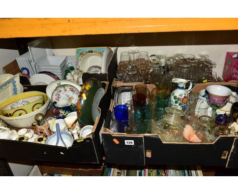 FOUR BOXES OF CERAMICS AND GLASS, ETC, to include a Royal Worcester post box, Wedgwood Charnwood candlesticks, lidded jar and