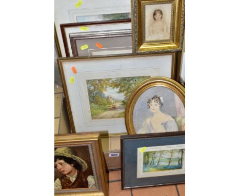 A BOX OF 19TH/20TH CENTURY WATERCOLOURS AND AN OIL PORTRAIT, comprising an unsigned oil on board of a boy wearing a hat, size