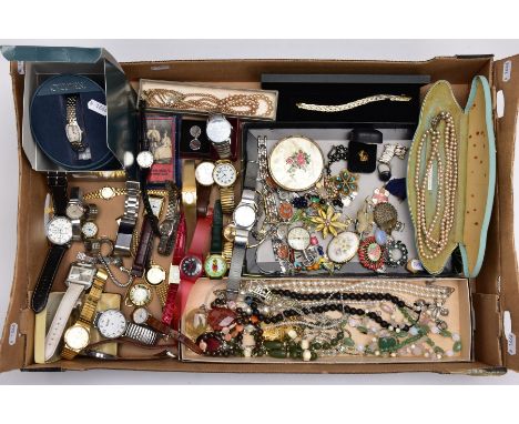 A BOX OF ASSORTED COSTUME JEWELLERY AND WRISTWATCHES, to include a two tone weaving line bracelet, fitted with a lobster claw