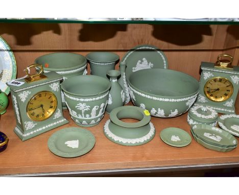 A GROUP OF GREEN WEDGWOOD JASPERWARE, comprising 'Salloways of Lichfield' clock, with brass handle, total height 17cm, anothe