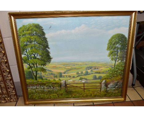 FRANK CLAY (BRITISH 1911-2000), a Derbyshire landscape of fields beyond a rusting farm gate, signed lower centre, oil on canv