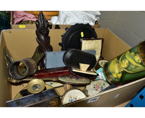 TWO BOXES OF METALWARE, TREEN, TEXTILES, etc, including empty jewellery and flatware boxes, petite point dressing table items