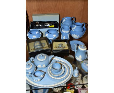 WEDGWOOD PALE BLUE JASPERWARE MINIATURES, comprising coffee pot, teapot, covered sugar, milk jug, tea cup, saucer, side plate