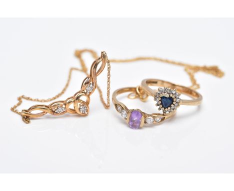 THREE ITEMS OF JEWELLERY TO INCLUDE, a 9ct gold sapphire and diamond heart shaped cluster ring, a 9ct gold amethyst and cubic