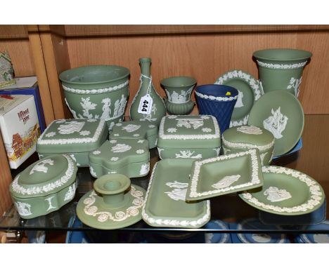 WEDGWOOD GREEN JASPERWARES, to include four vases,/jardinière, six trinket boxes, (two with slight chips), a dwarf candlestic