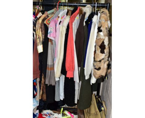 TWO BOXES AND LOOSE VINTAGE LADIES CLOTHES, BAGS, SHOES, ETC,  boxed discoloured white faux fur jacket, metal belt, wooden an