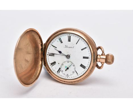 A ROLLED GOLD FULL HUNTER POCKET WATCH, with a round white dial signed 'Prescot', Roman numerals, seconds subsidiary dial at 