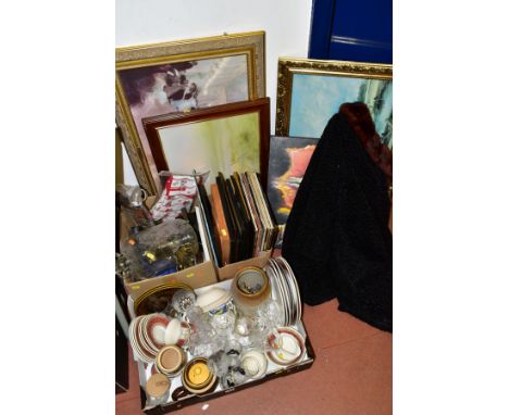 THREE BOXES AND LOOSE SUNDRY ITEMS, ETC, to include BHS 'Zarand' cups, saucers and side plates, assorted drinking glasses, de