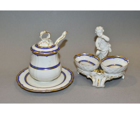 A LATE 19TH CENTURY BERLIN KPM PART CRUET SET, comprising a mustard pot and cover with fixed stand and a ladle spoon, height 