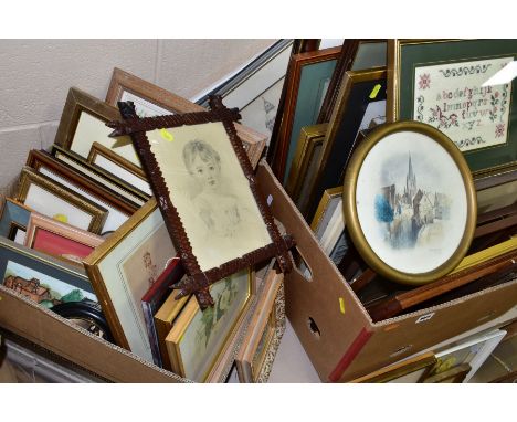 TWO BOXES OF PRINTS, MAPS AND NEEDLEPOINT PICTURES, maps include Cheshire by Robert Morden, South America by T. Kitchen, Peru