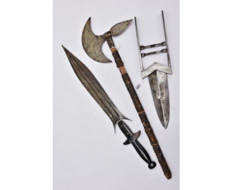 THREE BLADED WEAPONS OF EASTERN EUROPEAN/AFRICAN/ASIAN ORIGINS comprising of a small hand axe style strinking weapon, semi ci