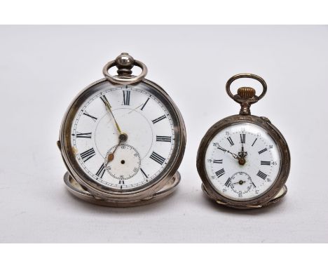 TWO OPEN FACED POCKET WATCHES, the first with a round  white dial, Roman numerals, seconds subsidiary dial at the six o'clock