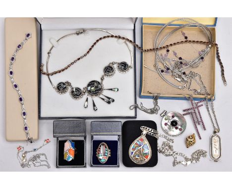A SELECTION OF WHITE METAL JEWELLERY, to include a white metal line bracelet set with eight oval cut amethyst interspaced wit