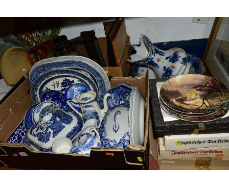 FOUR BOXES AND LOOSE CERAMICS AND GLASS, ETC, to include blue and white tureens, platters, plates, teapot etc, Stoneware mixi