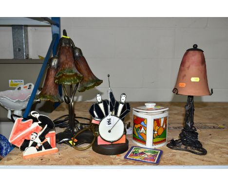 A SMALL GROUP OF ART DECO AND ART NOUVEAU STYLE CERAMICS AND TABLE LAMPS, including an a.f. Past Times jazz musicians group, 