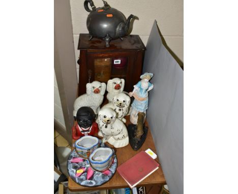 A GROUP OF CERAMICS, METALWARE AND TREEN, including a Victorian pewter tea pot, an Edwardian oak smokers cabinet, pipe racks 