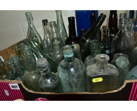 TWO BOXES OF ANTIQUE VINTAGE DRINKS AND MEDICINE BOTTLES, to include Goodall Blackhouse Relish, Lea &amp; Perrins Worcester S