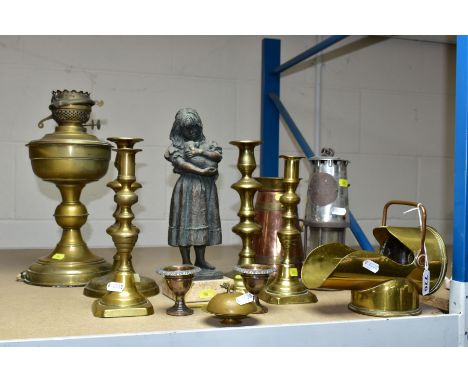 COPPER AND BRASS etc, comprising two pairs of candlesticks, oil lamp base converted to electric, milk pail vase, trench art t