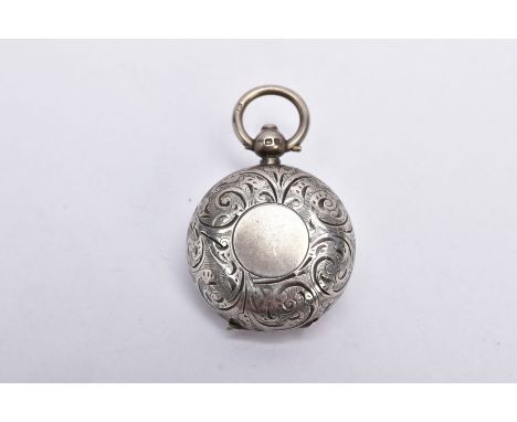 A SILVER SOVEREIGN CASE, of a circular form decorative foliate design with a vacant cartouche, fitted with a suspension ring,