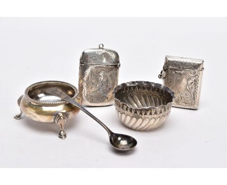 A SELECTION OF SILVER ITEMS, to include two silver vestas, the first of a rectangular form with an engraved scroll and foliat