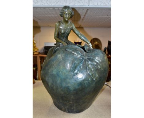 A FREDERICK GOLDSCHEIDER ART NOUVEAU TERRACOTTA JARDINIERE, patinated bronzed finish, modelled as a female nymph looking over
