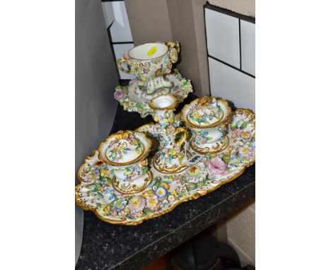 THREE PIECES OF MID 19TH CENTURY COALBROOKDALE STYLE FLORAL ENCRUSTED PORCELAIN, comprising a wavy rectangular desk stand, th