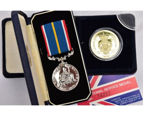 TWO BOXED MEDALS, NATIONAL SERVICE MEDAL, by Award Productions Ltd numbered 74211 and 75th Anniversary Royal British Legion g