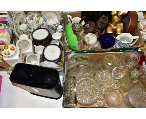 THREE BOXES AND LOOSE CERAMICS AND GLASS ETC, to include a quantity of Hornsea contrast saucers, Johnson brothers 'Fresh Frui