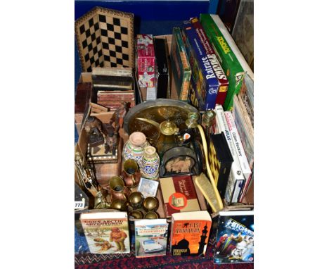 THREE BOXES OF SUNDRY ITEMS etc to include a magnetic chess set, brass candlesticks, goblets and teapot, balance scales with 